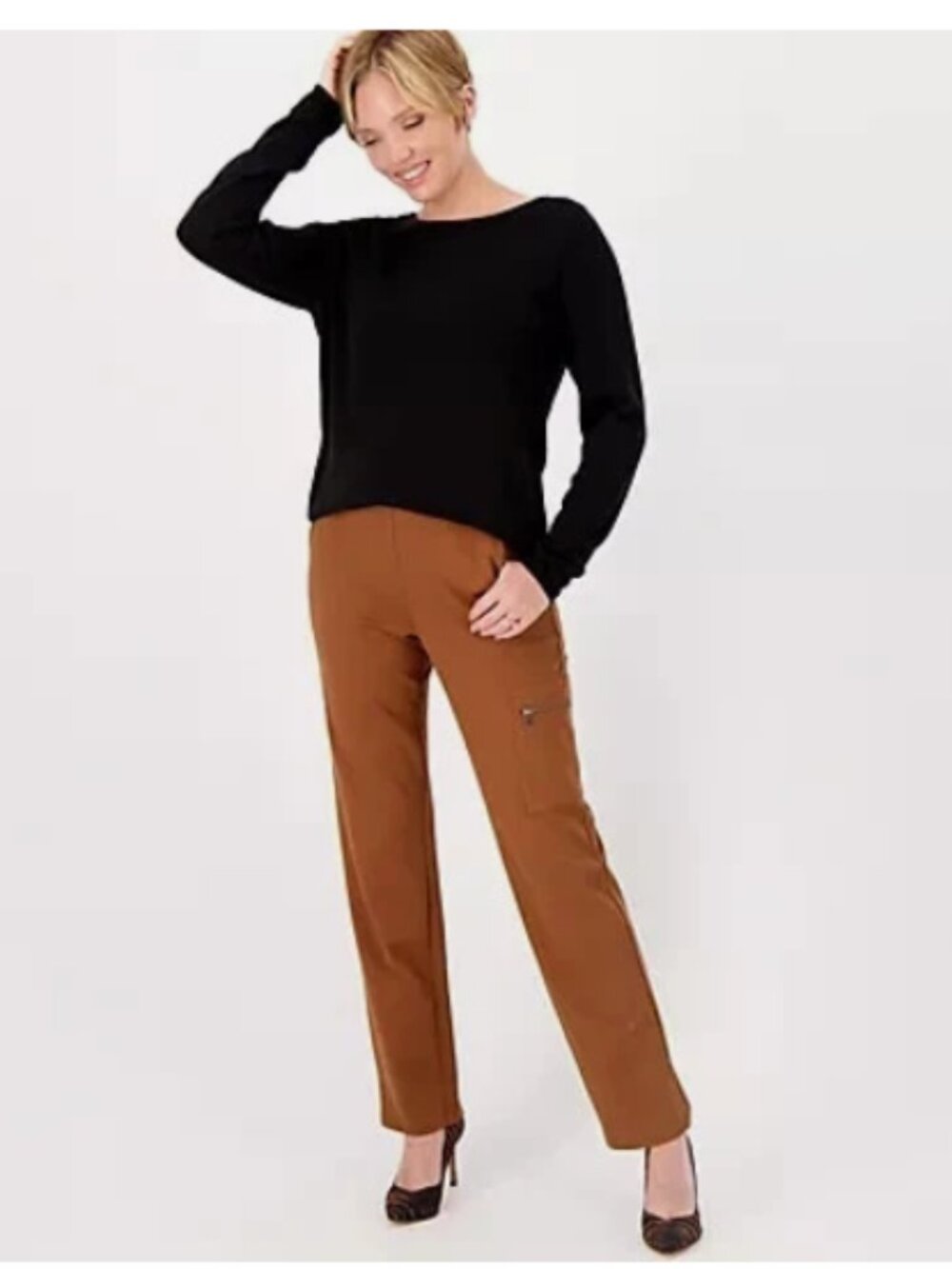 Susan Graver Supreme Knit Straight Leg Pants Zip Pocket-Toffee-Petite XS-A547224